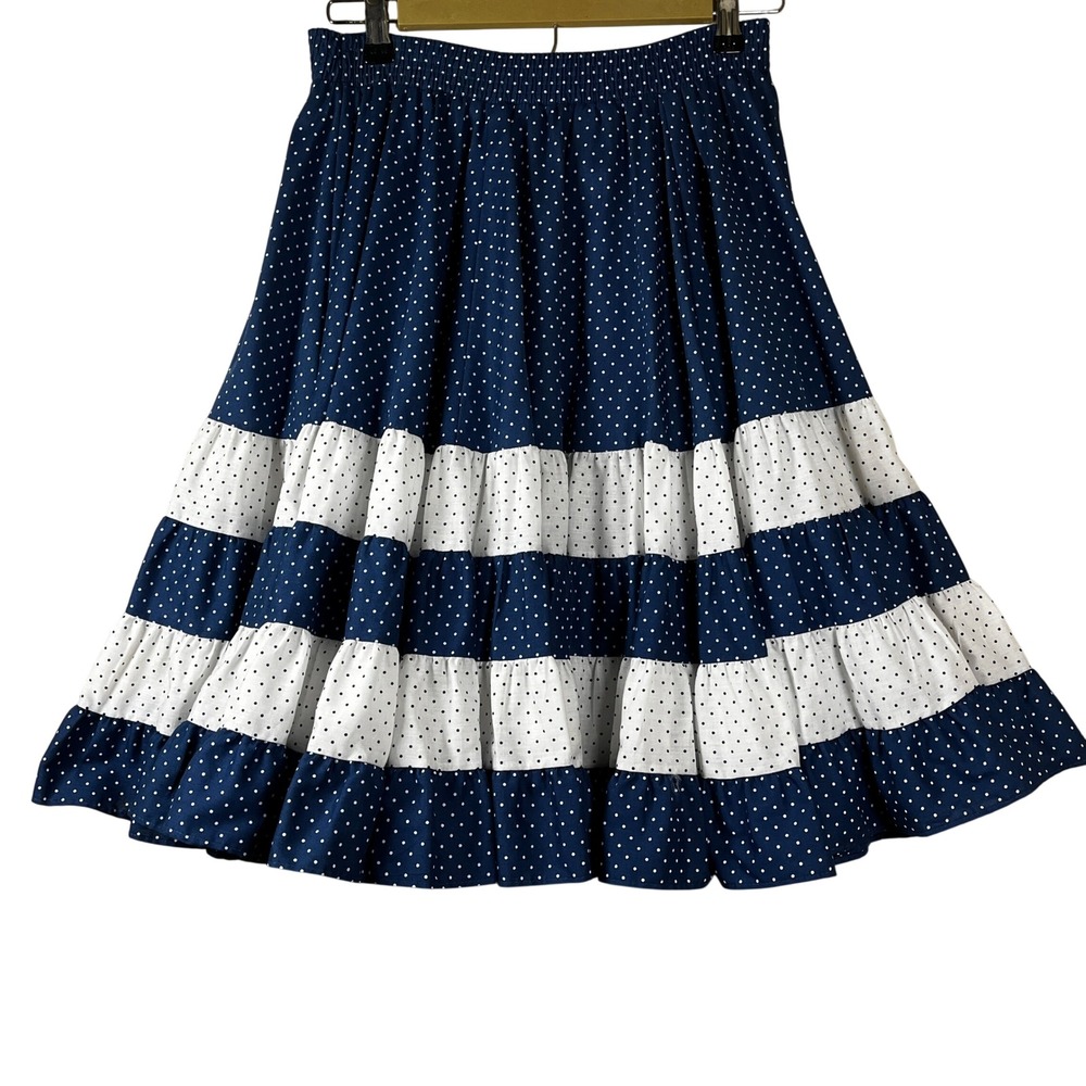 Vintage 80s Malco Modes Partners Please Navy Polka Dot Tiered Skirt M Rockabilly